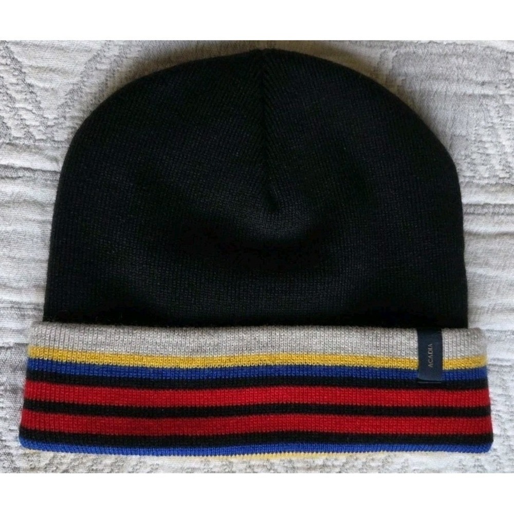 Pendleton Acadia Knit Beanie Black body Acadia‎ National Park stripe cuff Logo